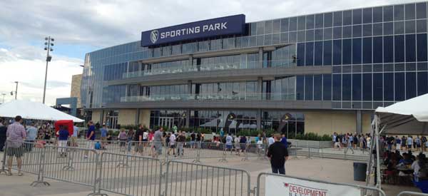 The main entrance to Kansas Sporting Park, previously a yellow Livestrong sign adorned the top of the stand.