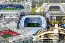 Photo collage of European football stadiums