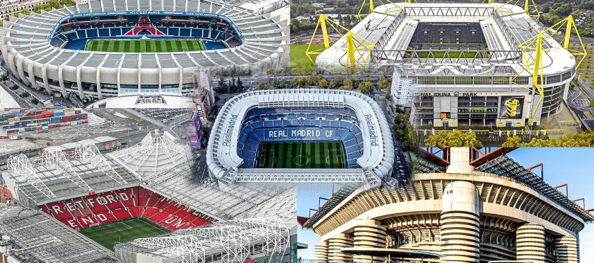 Photo collage of European football stadiums