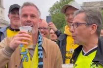 Jamie Carragher drinking beers with Borussia Dortmund fans