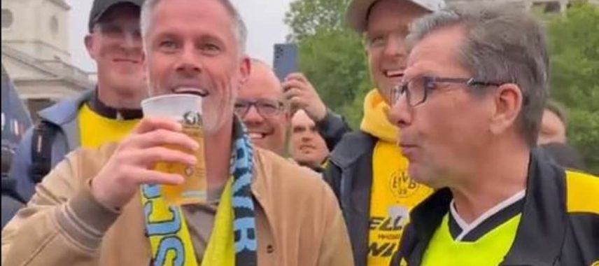 Jamie Carragher drinking beers with Borussia Dortmund fans