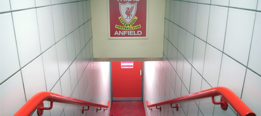 Iconic Anfield sign inside Liverpool's stadium